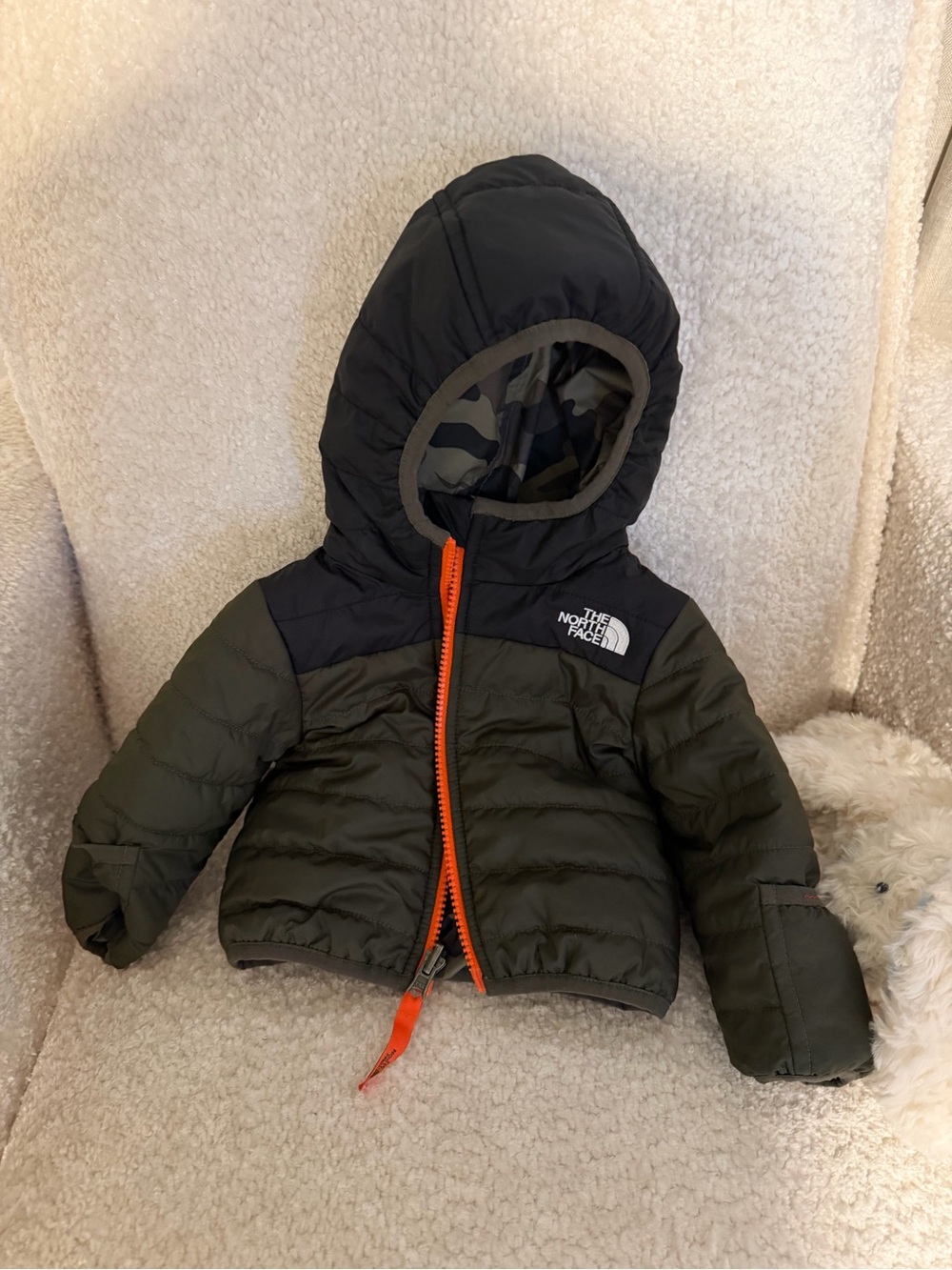 The North Face Olive Green and Black Puffer Jacket with Orange Zipper